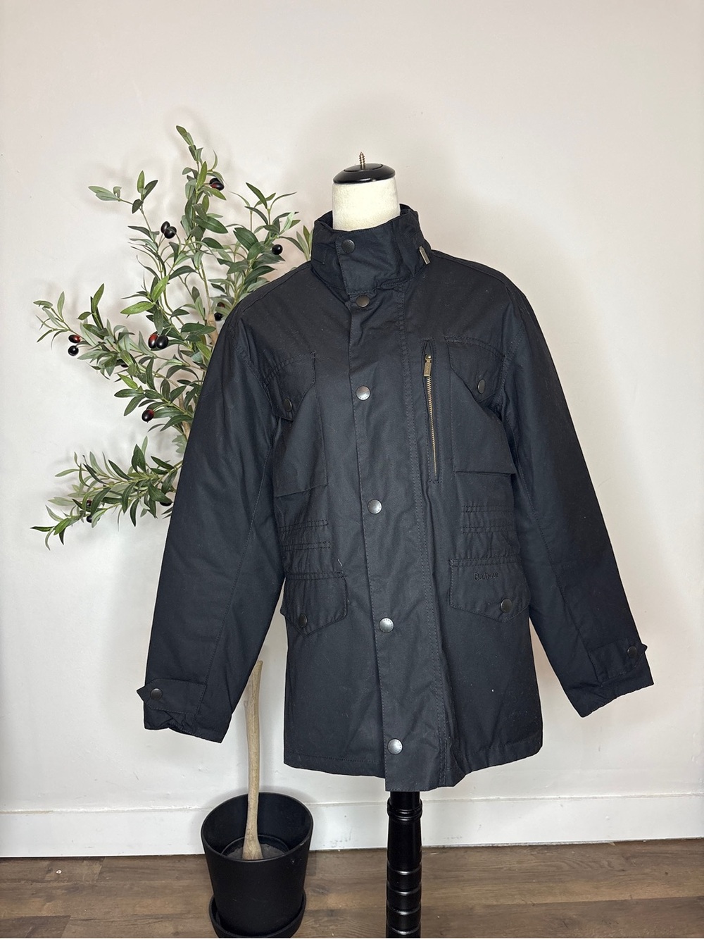 Barbour Black Military Field Jacket with High Collar